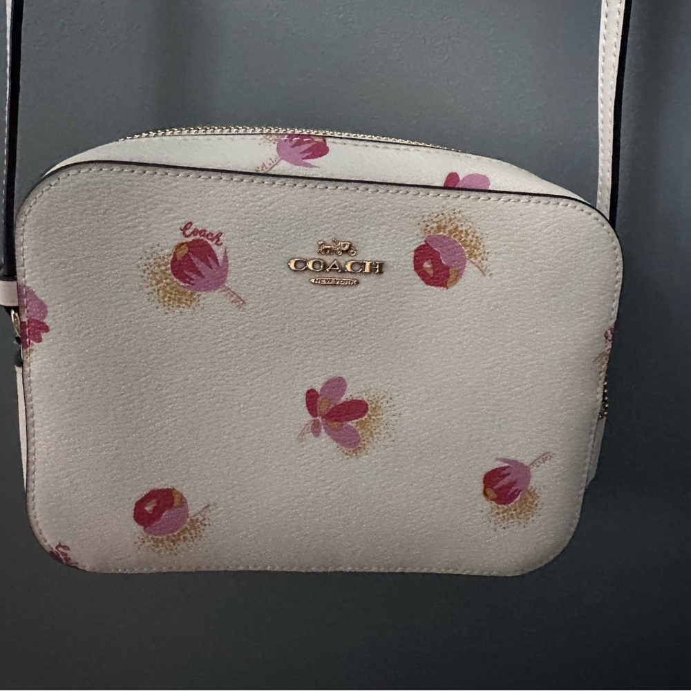 Coach Small Camera Floral Crossbody Bag - Cream and pink